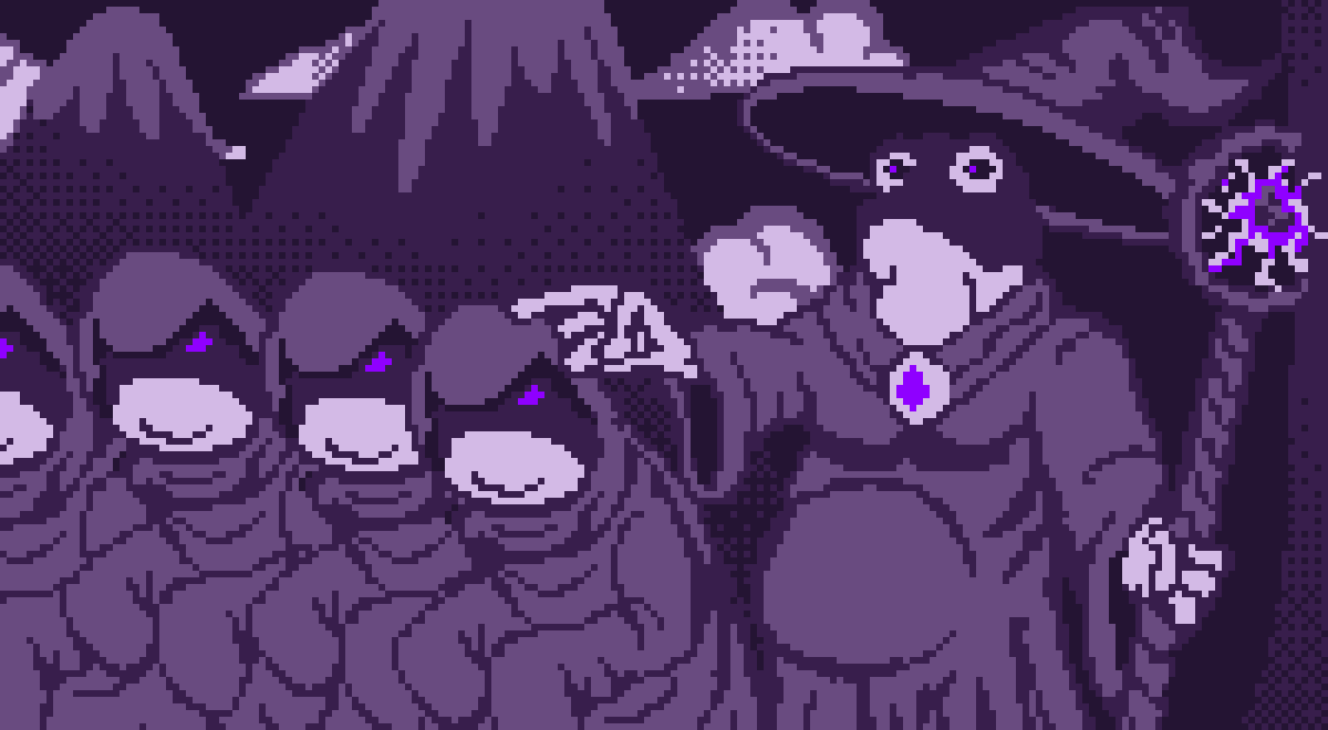 Intro panel 5: a congregation of frogs and the Wise Toad